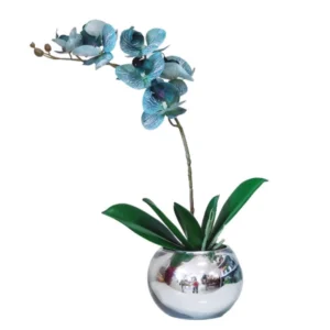 Arranjo No Vaso Prata Flores Orquideas Azul