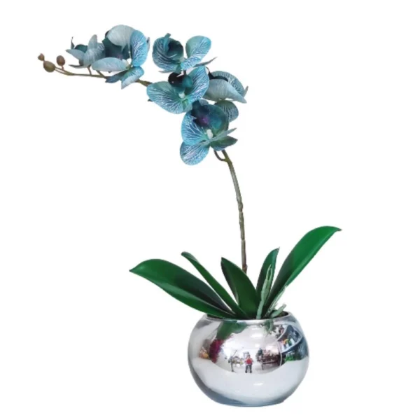 Arranjo No Vaso Prata Flores Orquideas Azul
