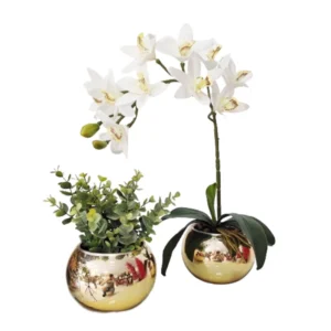 Kit 2 Arranjo Vaso Ouro Flores Verde E Orquídeas