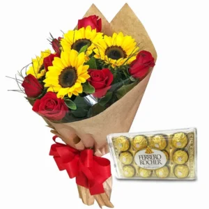 Buquê de Rosas e Girassóis com Ferrero Rocher