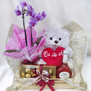 Cesta Puro Carinho com Orquídea , Urso, Ferrero e Mini Vinho Rosé