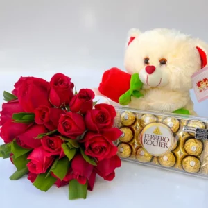 Apaixonante Buquê De 20 rosas com Pelúcia e Ferrero rocher