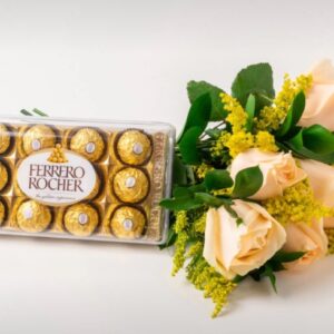 Buquê de 8 Rosas Champagne e Chocolate