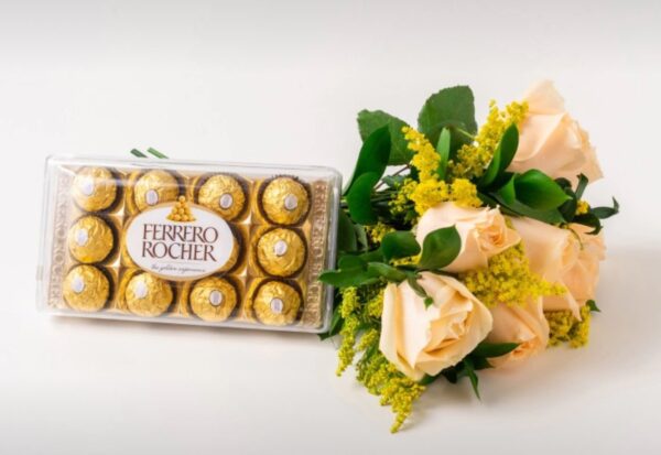 Buquê de 8 Rosas Champagne e Chocolate