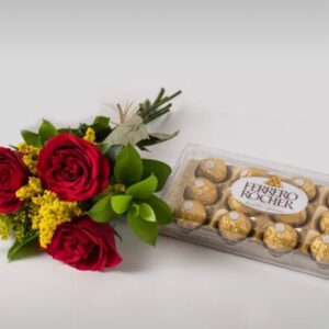 Arranjo de 3 Rosas Vermelhas e Chocolate
