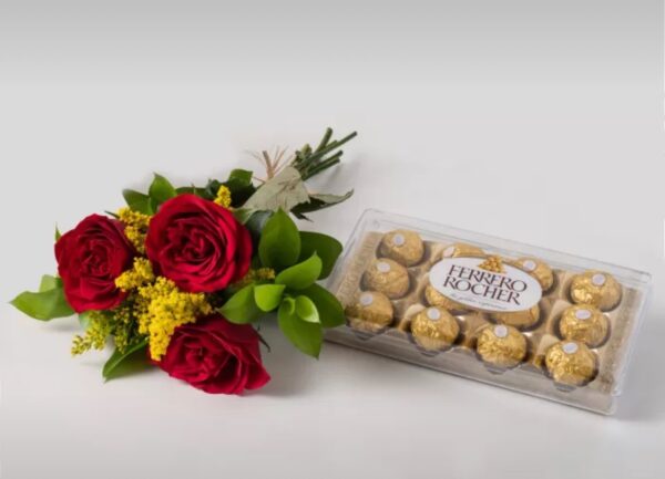 Arranjo de 3 Rosas Vermelhas e Chocolate